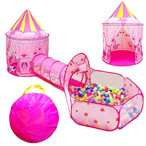  [아마존베스트]LOJETON 3pc Girls Princess Fairy Tale Castle Play Tent, Crawl Tunnel & Ball Pit with Basketball Hoop for Kids Toddlers, Indoor & Outdoor Playhouse