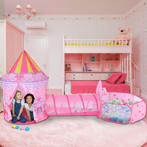  [아마존베스트]LOJETON 3pc Girls Princess Fairy Tale Castle Play Tent, Crawl Tunnel & Ball Pit with Basketball Hoop for Kids Toddlers, Indoor & Outdoor Playhouse