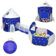 LOJETON 3pc Rocket Ship Kids Play Tent, Tunnel & Ball Pit with Basketball Hoop for Boys, Girls and Toddlers - Indoor/Outdoor Use Pop Up Rocket Tent