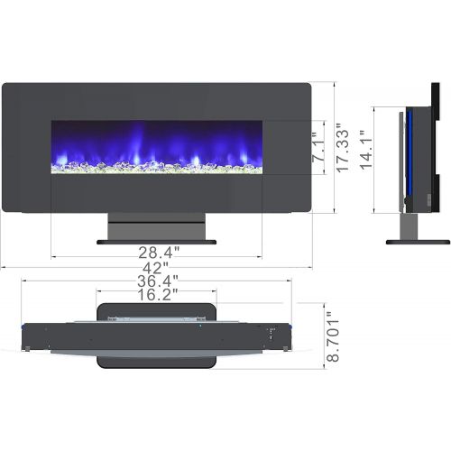  LOKATSE HOME 42 Electric Fireplace Wall Mounted FreeStanding Heater with Adjustable Flame & Remote Control, 1400W