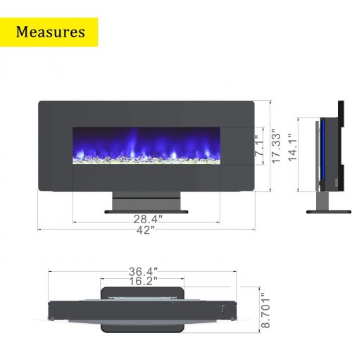  LOKATSE HOME 42 1400W Wall Mounted Freestanding Electric Fireplace Heater with Realistic Logs&Crystal 7 Flame 3 Side Light Timer Thermostat Adjustable Manual&Remote Control (42 inc