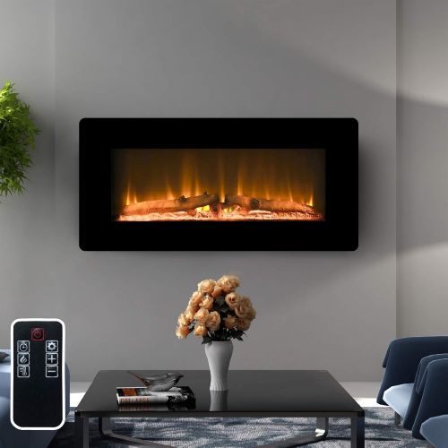  LOKATSE HOME 36 1400W Wall Mounted Electric Fireplace Stove Heater with Realistic Logs Flame Brightness Timer Thermostat Adjustable Manual&Remote Control (36 inch 3-Level)