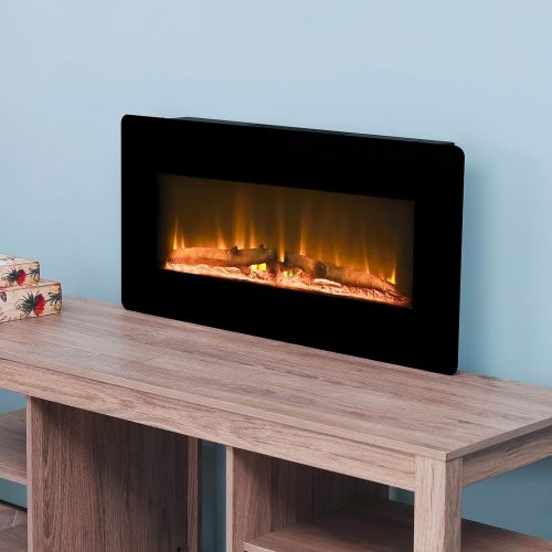  LOKATSE HOME 36 1400W Wall Mounted Electric Fireplace Stove Heater with Realistic Logs Flame Brightness Timer Thermostat Adjustable Manual&Remote Control (36 inch 3-Level)