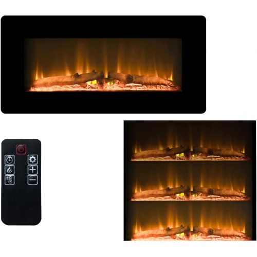  LOKATSE HOME 36 1400W Wall Mounted Electric Fireplace Stove Heater with Realistic Logs Flame Brightness Timer Thermostat Adjustable Manual&Remote Control (36 inch 3 Level)