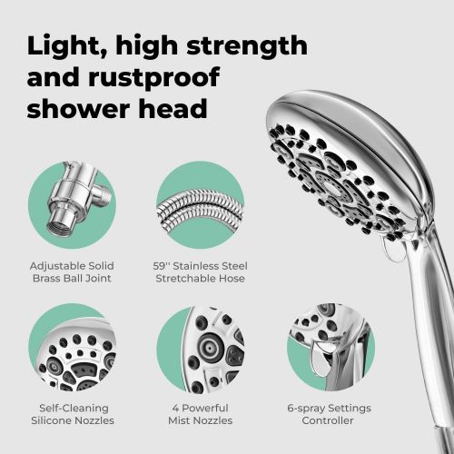  Lokby High Pressure Handheld Shower Head 6-Setting - Luxury 5 Hand held Rain Shower with Hose - Powerful Shower Spray Even with Low Water Pressure in Supply Pipeline - Low Flow Rainfall