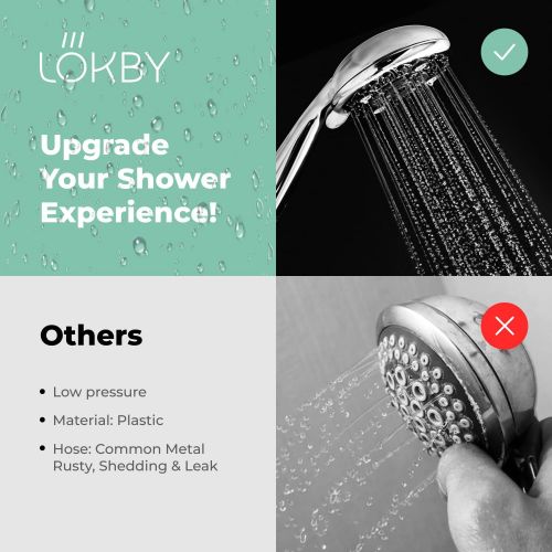  Lokby High Pressure Handheld Shower Head 6-Setting - Luxury 5 Hand held Rain Shower with Hose - Powerful Shower Spray Even with Low Water Pressure in Supply Pipeline - Low Flow Rainfall