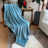 [아마존핫딜][아마존 핫딜] LOMAO Flannel Blanket with Pompom Fringe Lightweight Cozy Bed Blanket Soft Throw Blanket fit Couch Sofa Suitable for All Season (51x63) (Light Blue)