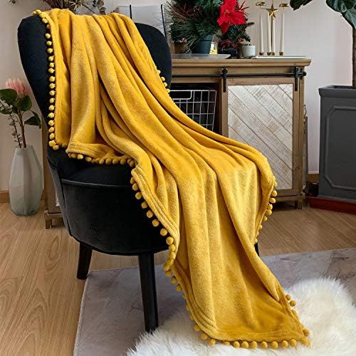  [아마존베스트]LOMAO Flannel Blanket with Pompom Fringe Lightweight Cozy Bed Blanket Soft Throw Blanket fit Couch Sofa Suitable for All Season(Mustard Yellow, 40x 50)