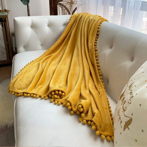  [아마존베스트]LOMAO Flannel Blanket with Pompom Fringe Lightweight Cozy Bed Blanket Soft Throw Blanket fit Couch Sofa Suitable for All Season(Mustard Yellow, 40x 50)