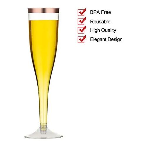  [아마존베스트]LOMOFI 30 Plastic Rose Gold Rimmed Champagne Flutes | 5.5 oz. Clear Hard Disposable Cups for Wedding , Party Toasting, Mimosa or Cocktails