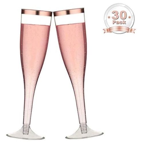  [아마존베스트]LOMOFI 30 Plastic Rose Gold Rimmed Champagne Flutes | 5.5 oz. Clear Hard Disposable Cups for Wedding , Party Toasting, Mimosa or Cocktails