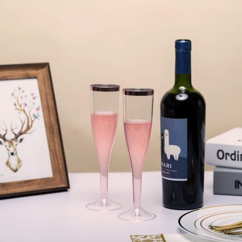  [아마존베스트]LOMOFI 30 Plastic Rose Gold Rimmed Champagne Flutes | 5.5 oz. Clear Hard Disposable Cups for Wedding , Party Toasting, Mimosa or Cocktails