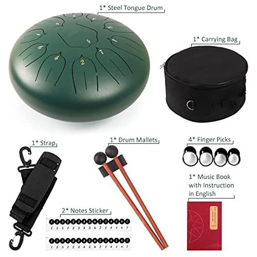  [아마존베스트]Lomuty Steel Tongue Drum, 11 Notes, 30.5 cm, Percussion Instrument,- Handpan Drum with Bag, Music Book, Mallets, Finger Picks