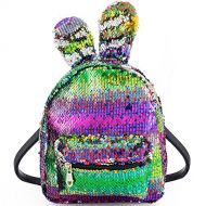 LONGBLE Women Girls Fashion Cute Rabbit Ears Backpack Sequins Shoulder Bag Schoolbag Travel Daypack (Colorful & Silver)