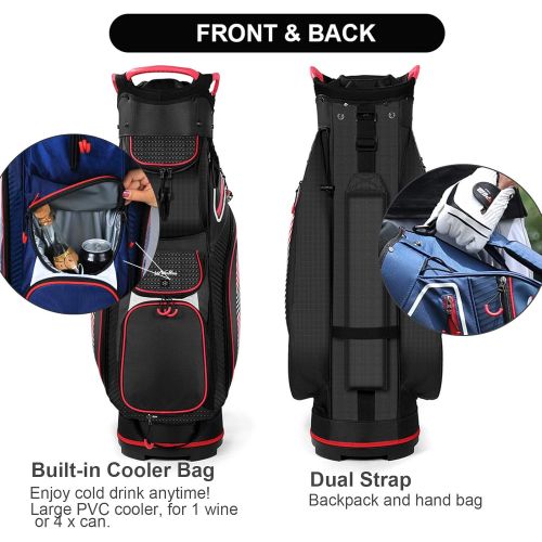  [아마존베스트]LONGCHAO Golf Cart Bag 14 Dividers Top Clubs Organizer Lightweight with Cooler Pouch, Dust Cover and Backpack Strap