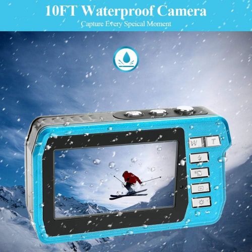  [아마존베스트]LongOu Underwater Camera 2.7 K 48 MP Underwater Camera Selfie Dual Screens 16X Digital Zoom Digital Camera Waterproof for Snorkelling, Blue