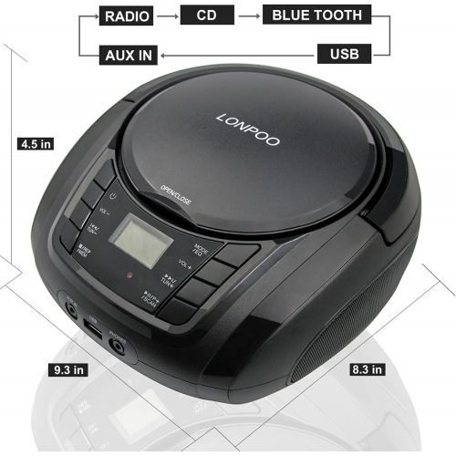  [아마존베스트]LONPOO CD Player Portable Boombox with FM Radio/USB/Bluetooth/AUX Input and Earphone Jack Output, Stereo Sound Speaker & Audio Player,Black