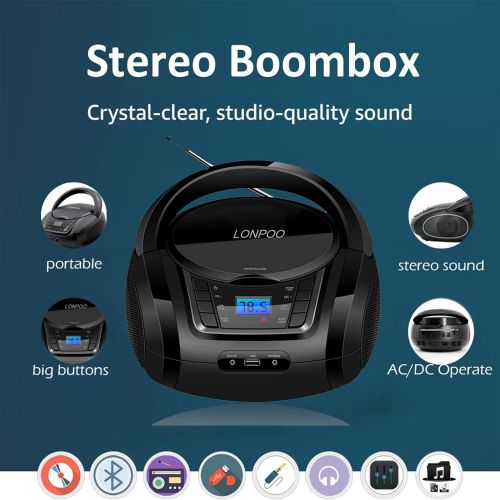  [아마존베스트]LONPOO CD Player Portable Boombox with FM Radio/USB/Bluetooth/AUX Input and Earphone Jack Output, Stereo Sound Speaker & Audio Player,Black