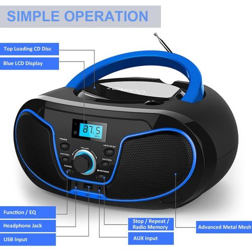  [아마존베스트]LONPOO Portable CD Player Boombox FM Radio, Bluetooth MP3 CD Player with Aux-in & USB & Headphone Jack, AC Power and DC Battery (Batteries are Not Included)