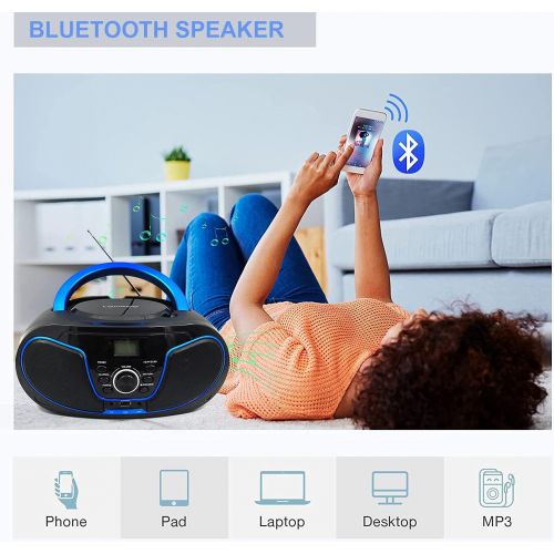  [아마존베스트]LONPOO Portable CD Player Boombox FM Radio, Bluetooth MP3 CD Player with Aux-in & USB & Headphone Jack, AC Power and DC Battery (Batteries are Not Included)