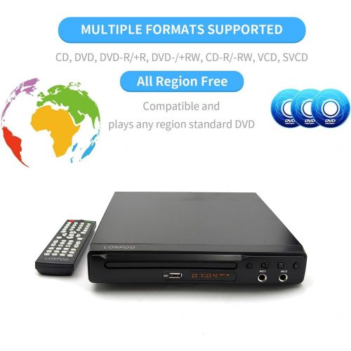  [아마존베스트]LONPOO LP-077 DVD Player for TV, Region Free DVD CD Discs Player with HDMI & AV Output (HDMI & AV Cable Included), HD1080P, Built-in PAL/NTSC, Supports MIC/USB2.0 (Metal Case)
