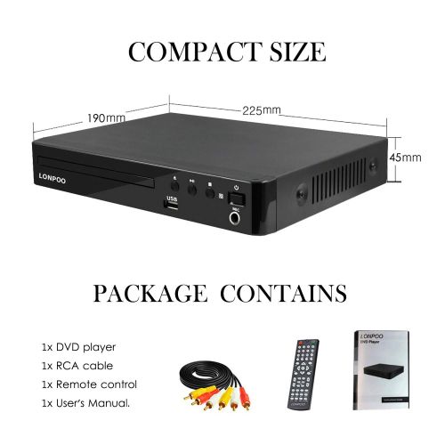  LONPOO Compact HD DVD Player All Region Free (PALNTSC, 720p, HDMI MIC RCA USB Ports, Full-Function Remote) LP-099