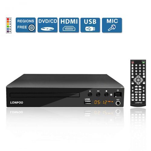  LONPOO Compact HD DVD Player All Region Free (PALNTSC, 720p, HDMI MIC RCA USB Ports, Full-Function Remote) LP-099