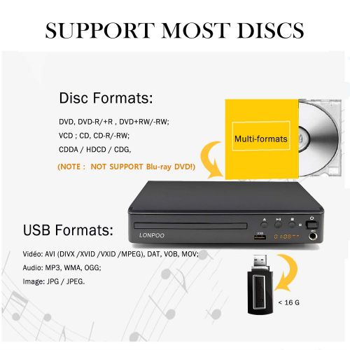  LONPOO Compact HD DVD Player All Region Free (PALNTSC, 720p, HDMI MIC RCA USB Ports, Full-Function Remote) LP-099