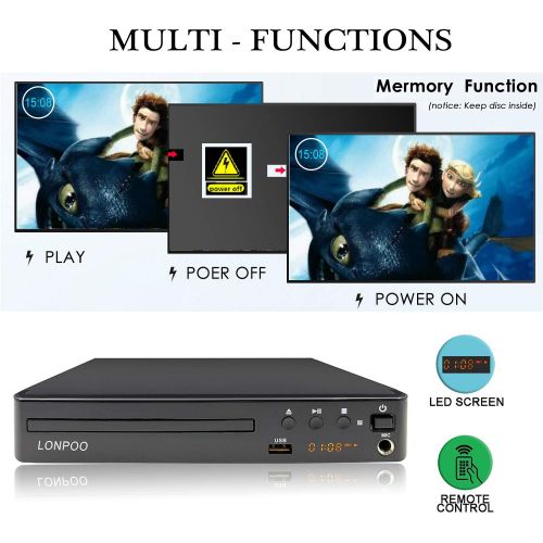  LONPOO Compact HD DVD Player All Region Free (PALNTSC, 720p, HDMI MIC RCA USB Ports, Full-Function Remote) LP-099