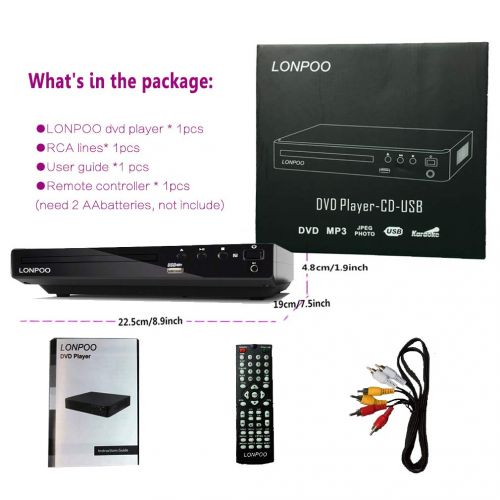  LONPOO Compact Home HD DVD Player all regions Free with Ports HDMI / USB / Microphone/ RCA, Full Function Remote(lp-099)