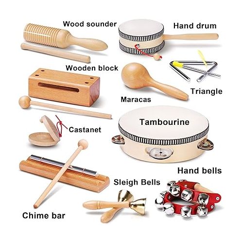  LOOIKOOS Toddler Musical Instruments Natural Wooden Percussion Instruments Toy for Kids Preschool Educational, Musical Toys Set for Boys and Girls with Storage Bag