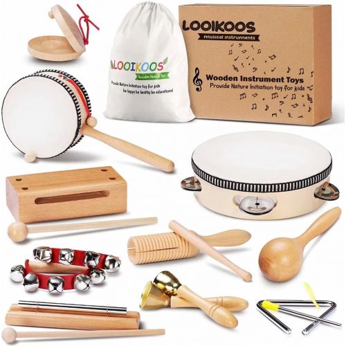  [아마존베스트]LOOIKOOS Toddler Musical Instruments Natural Wooden Percussion Instruments Toy for Kids Preschool Educational, Musical Toys Set for Boys and Girls with Storage Bag