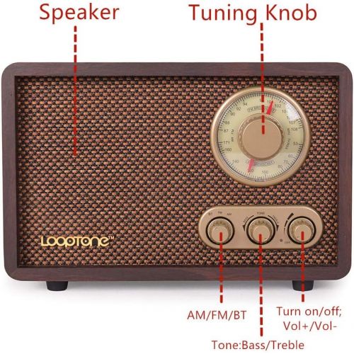  LoopTone FM AM Radio Retro Wood Radio with Bluetooth Play Mp3 and Antenna Built in Speaker for Kitchen Living Room