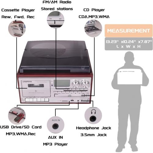  LoopTone Vinyl Record Player 9 in 1 3 Speed Bluetooth Vintage Turntable CD Cassette Player AM/FM Radio USB Recorder Aux-in RCA Line-Out