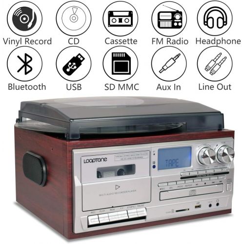  LoopTone Vinyl Record Player 9 in 1 3 Speed Bluetooth Vintage Turntable CD Cassette Player AM/FM Radio USB Recorder Aux-in RCA Line-Out