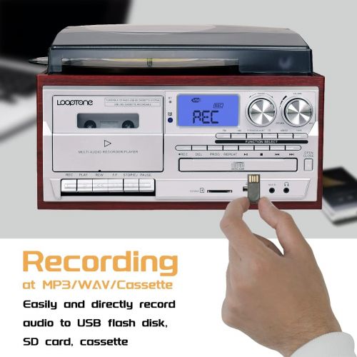  LoopTone Vinyl Record Player 9 in 1 3 Speed Bluetooth Vintage Turntable CD Cassette Player AM/FM Radio USB Recorder Aux-in RCA Line-Out