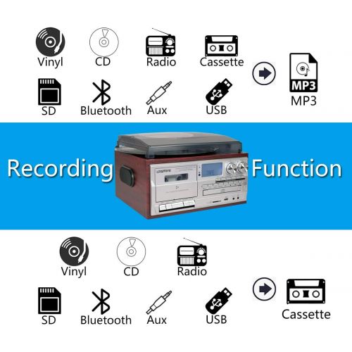  LoopTone Vinyl Record Player 9 in 1 3 Speed Bluetooth Vintage Turntable CD Cassette Player AM/FM Radio USB Recorder Aux-in RCA Line-Out