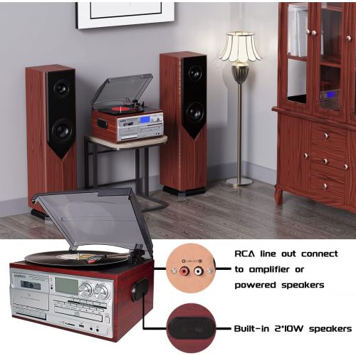  LoopTone Vinyl Record Player 9 in 1 3 Speed Bluetooth Vintage Turntable CD Cassette Player AM/FM Radio USB Recorder Aux-in RCA Line-Out