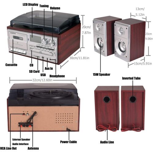  Visit the LOOPTONE Store LoopTone Vinyl Record Player with Dual 15W External Speakers 9 in 1 3 Speed Bluetooth Vintage Turntable CD Cassette Player AM/FM Radio USB Recorder Aux-in RCA Line-Out