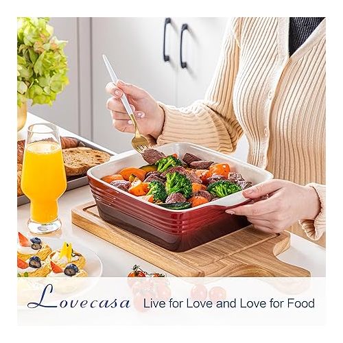  LOVECASA 8x8 inch Baking Pan, 2 Quart Square Cake Pan Baking Dish for Oven, Stoneware Brownie Pan Non-Stick, Casserole Baking Pan with Handle,Ceramic Bread Pans for Baking, Red