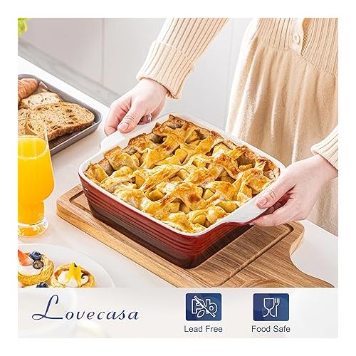  LOVECASA 8x8 inch Baking Pan, 2 Quart Square Cake Pan Baking Dish for Oven, Stoneware Brownie Pan Non-Stick, Casserole Baking Pan with Handle,Ceramic Bread Pans for Baking, Red