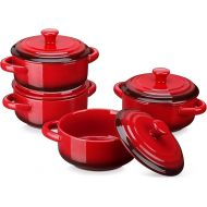 LOVECASA Mini Cocotte Set,14 OZ Small Casserole Dishes with Lids, Soup Bowls With Handles,Individual Baking Ramekins,Oven, Microwave & Dishwasher Safe,Set of 4,Red