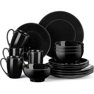 LOVECASA Black Dinnerware Sets Plates and Bowls Sets for 4, Ceramic Dish Set Round Dinner Sets, 16 Pieces Porcelain Dinnerware Set Crockery Sets, Dishwasher Microwave Safe