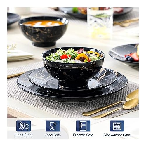  LOVECASA Plates and Bowls Sets for 4, 12 Pieces Porcelain Dinnerware Sets, Black and Gold Dish Set Gold Splash Dishware Sets, Dishwasher Microwave Safe