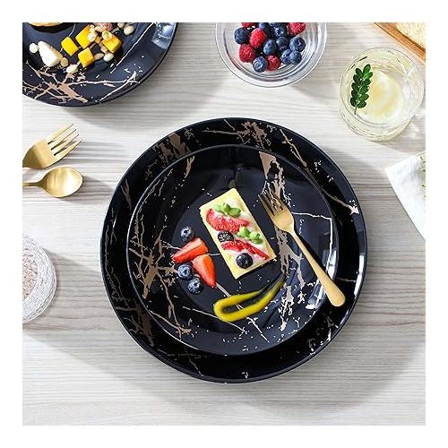  LOVECASA Plates and Bowls Sets for 4, 12 Pieces Porcelain Dinnerware Sets, Black and Gold Dish Set Gold Splash Dishware Sets, Dishwasher Microwave Safe