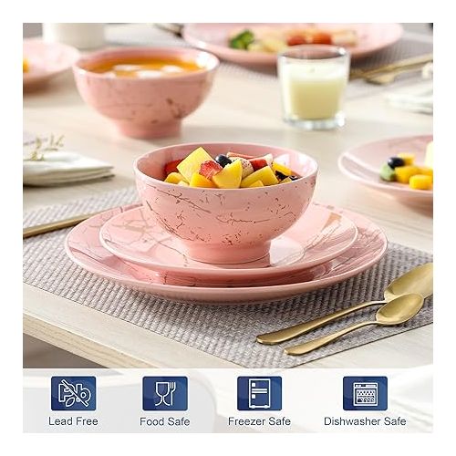  LOVECASA Pink Dinnerware Sets for 4, 12 Piece Porcelain Plates and Bowls Sets, Gold Splash Dish Set, Modern Ceramic Dinner Set, Dishwasher Microwave Safe