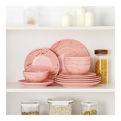  LOVECASA Pink Dinnerware Sets for 4, 12 Piece Porcelain Plates and Bowls Sets, Gold Splash Dish Set, Modern Ceramic Dinner Set, Dishwasher Microwave Safe