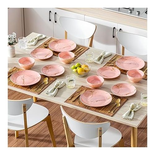  LOVECASA Pink Dinnerware Sets for 4, 12 Piece Porcelain Plates and Bowls Sets, Gold Splash Dish Set, Modern Ceramic Dinner Set, Dishwasher Microwave Safe