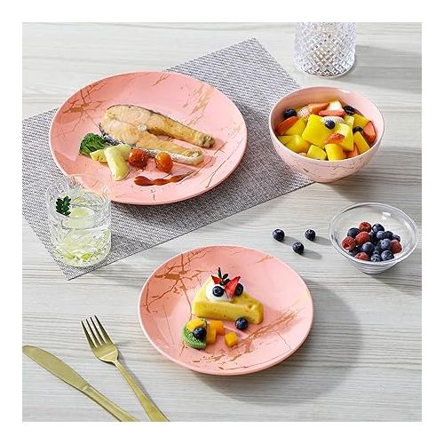  LOVECASA Pink Dinnerware Sets for 4, 12 Piece Porcelain Plates and Bowls Sets, Gold Splash Dish Set, Modern Ceramic Dinner Set, Dishwasher Microwave Safe