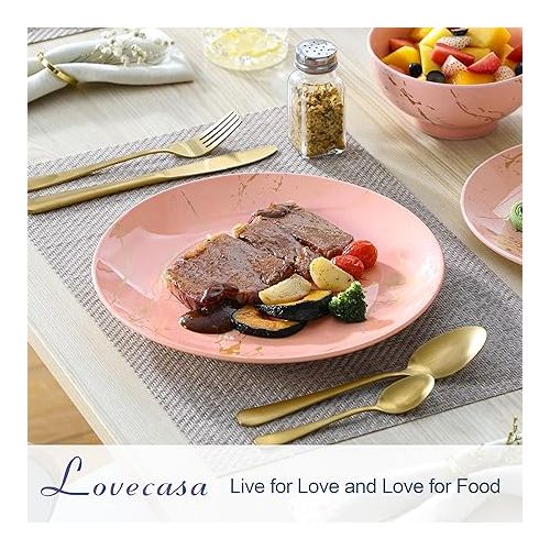  LOVECASA Pink Dinnerware Sets for 4, 12 Piece Porcelain Plates and Bowls Sets, Gold Splash Dish Set, Modern Ceramic Dinner Set, Dishwasher Microwave Safe